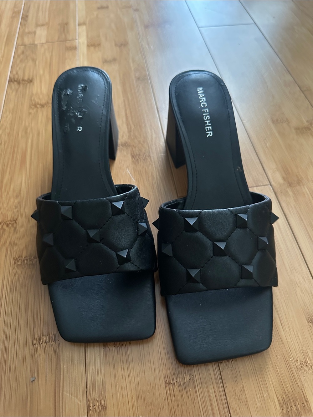Marc Fisher Black Studded Quilted Block Heel Slides